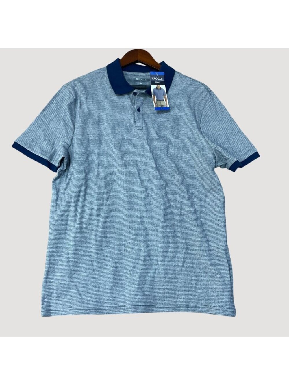 NWT Haggar Men's L Blue Polo Shirt Short Sleeve 100% Cotton